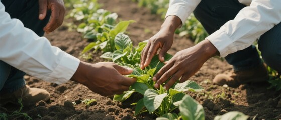 Fototapeta premium Farmers planting young seedlings in the soil, emphasizing sustainable agriculture practices.