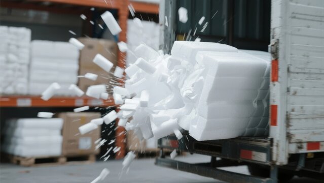 Foam blocks spill from a truck during unloading in a warehouse setting.
