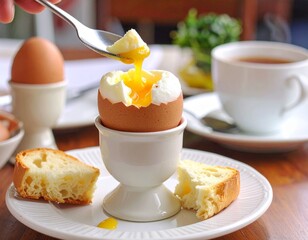 Fototapeta premium Soft Boiled Egg Delight: Spooning Yolk with Toast and Tea