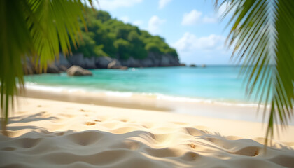 A breathtaking tropical beach scene with vibrant blue waters and lush greenery under a sunny sky.
