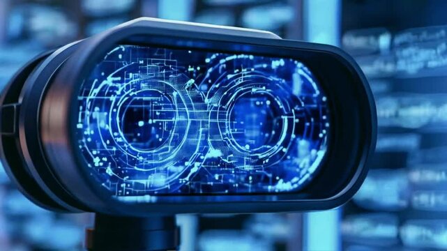 digital blue binocular with data streams, ai in visual recognition systems, augmented reality applications, object detection algorithms, enhanced surveillance technologies, observation and analysis.