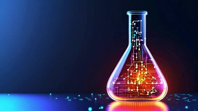 digital laboratory flask icon with glowing data symbolizes the integration of ai into scientific experimentation and data analysis, accelerating research progress and discoveries..