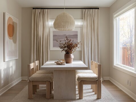 A table with four chairs and a vase of flowers. The table is in a room with a window