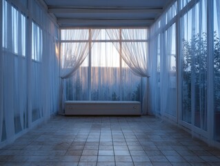 Obraz premium A room with a white curtain and a bench. The curtain is open. The room is empty