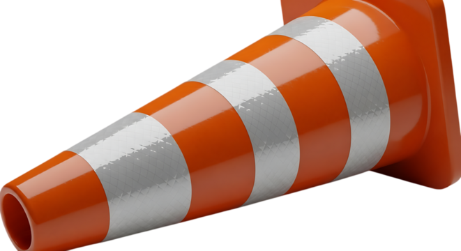 Orange traffic cone with reflective silver bands isolated on transparent background