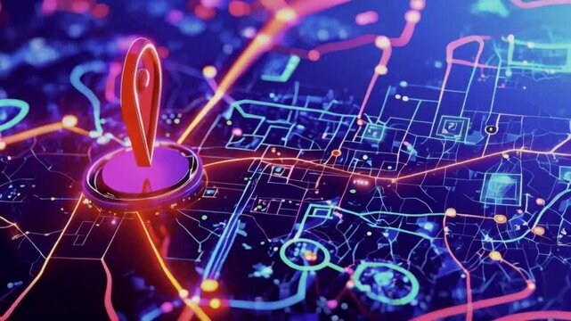 Dynamic Geospatial Map with Location Intelligence. Glowing Neon Map Pin technology Background.