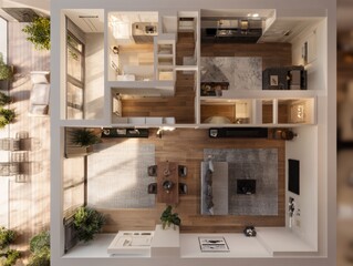 A floor plan of a small apartment with a living room, kitchen, and bathroom. The living room has a couch and a chair. The kitchen has a sink and a stove