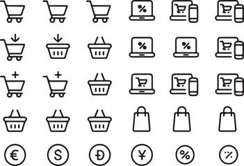 E-commerce Icons: A comprehensive set of modern, minimalist icons for online shopping, including shopping carts, shopping baskets, mobile devices, laptops, and currency symbols. 