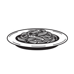 A stylized black and white illustration of a plate piled high with classic pasta, a delicious vintage art silhouette.