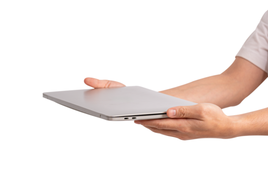 Hand holding laptop computer isolated.