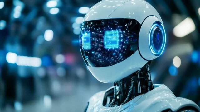 Futuristic robot with digital display visor in hightech environment