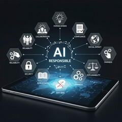 Responsible AI Principles and Ethical Development - Hexagon Network Illustrating Compliance, Security, Fairness, and Human Design