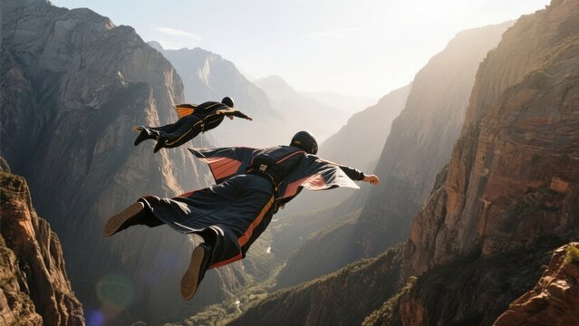 Two individuals in wingsuits soaring through a rugged canyon landscape under clear skies.