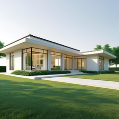 Modern residential architecture with a focus on clean lines and large windows, situated on a well-maintained green lawn under a bright, clear sky