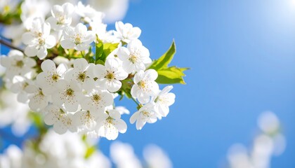 Obraz premium Blossoming white cherry blossoms against a vivid blue sky create a beautiful springtime scene, capturing the freshness of the season.