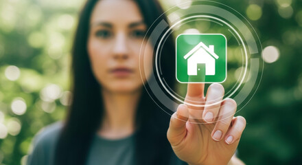 Woman touching smart home automation system interface house icon modern technology home control concept