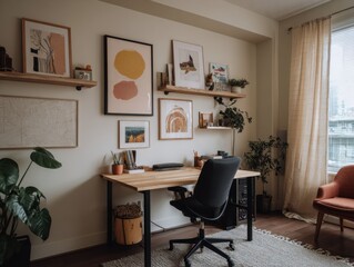 A desk with a chair and a potted plant. A window is visible