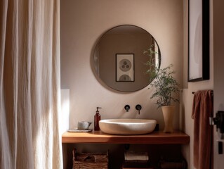 A bathroom with a sink and a mirror. A vase with a plant on the counter. A towel hanging on the wall