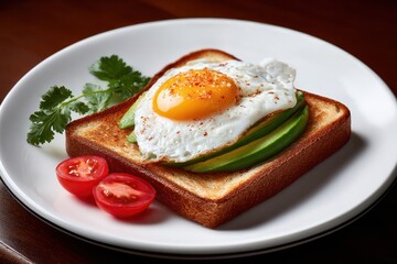 Breakfast delight sunny-side up egg on avocado toast cozy kitchen food photography warm atmosphere close-up culinary art