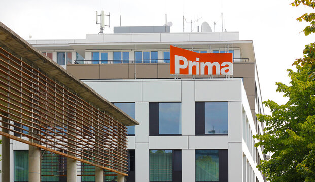 Prague, Czech Republic - 06 09 2025: View of the Prima TV headquarters with prominent company logo on top of Vinice Business Centre. Editorial image for news and media industry context