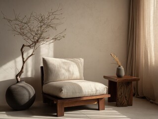 A chair is sitting in front of a vase. The vase is black and has a white flower in it