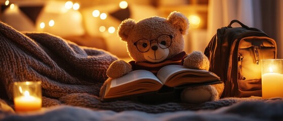 Teddy bear reading a book at night