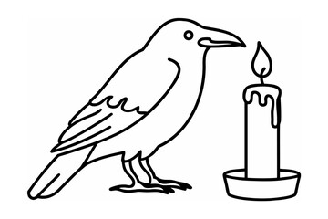 Black raven bird and lit candle illustration outline for halloween decorations and design elements