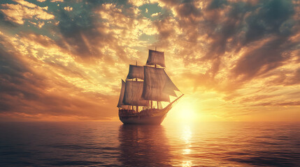 Obraz premium Sailing ship at sea with a dramatic sunset. 