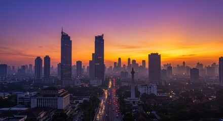 Obraz premium City skyline silhouetted against a vibrant sunset, featuring tall buildings.