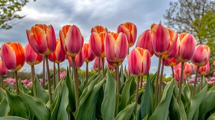 Stunning Closeup of Pink and Orange Tulips Blooming in Spring