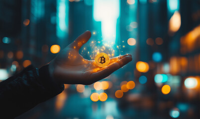 Double exposure of businessman investor hold banknote in hand with golden bitcoins, bit coin BTC the new virtual electronic money, investment concept.