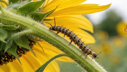 Fototapeta premium Caterpillar on a sunflower stem, showcasing vibrant yellow petals in the background.