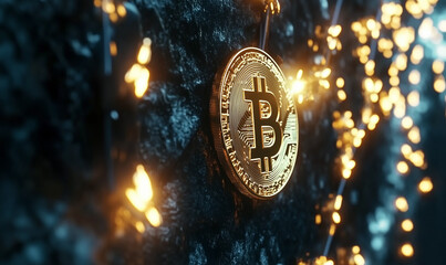 Bitcoin with glowing lights..Gold bitcoin symbol. Coins on black background. Christmas inspiration.