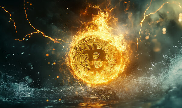 Golden bitcoin coin in fire flame, water splashes and lightning. Bitcoin Gold blockchain hard fork concept. Cryptocurrency symbol in storm illustration with peer to peer network background.