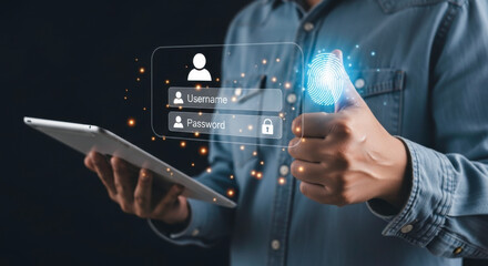 Secure login authentication with fingerprint scan on tablet for data protection and cybersecurity access