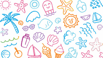 Hand-drawn colorful crayon-style doodles collage of summer-themed, colorful chalk texture design.
