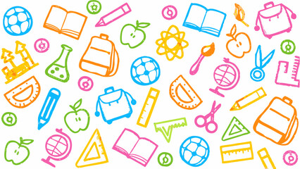 Hand-drawn doodle collage of school supplies and learning icons, colorful chalk texture design.