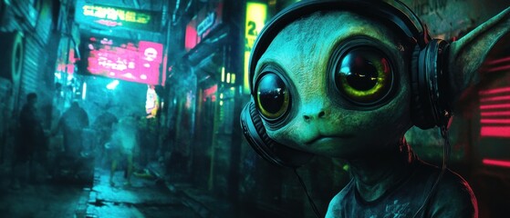 Alien creature enjoying music in a neon lit urban alley