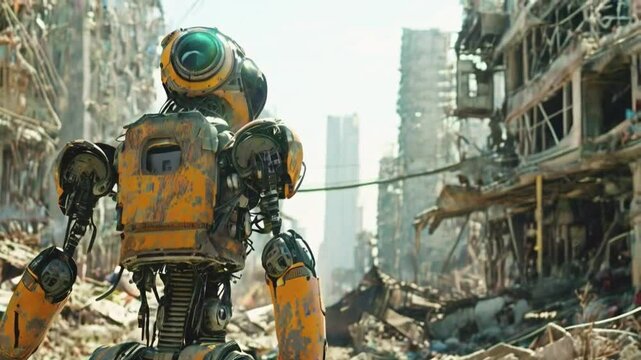 Futuristic robot is exploring a destroyed post apocalyptic city.