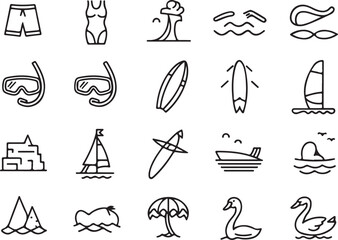 Fototapeta premium Beach Icon Set: A collection of sleek, black-and-white icons featuring summer activities, sun, beach accessories, and aquatic elements, perfect for design projects.