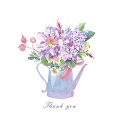 bouquet of peonies and hydrangea in a province vase, watercolor hand drawn thank you card
