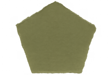 Close-up of a pentagon shaped green textured paper with rough, torn edges, isolated on a transparent background, providing space for text or design elements
