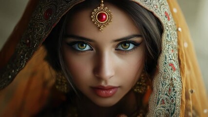 A beautiful South Asian bride in traditional bridal makeup, accessories, and attire.