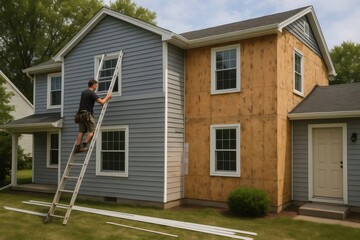 Construction worker climbing a ladder to install new vinyl siding on a two story house, with partially completed siding visible