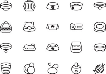 Pet Supplies Icon Set: A comprehensive collection of pet supply icons, including collars, bowls, carriers, toys, and more, perfect for pet shops, websites, and apps. 