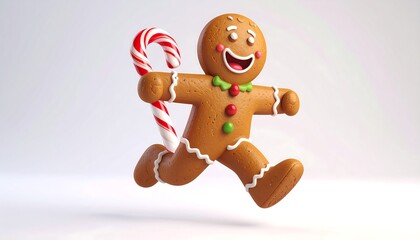 Gingerbread man runs with candy cane, embodying holiday cheer and sweet treats against a clean white background.