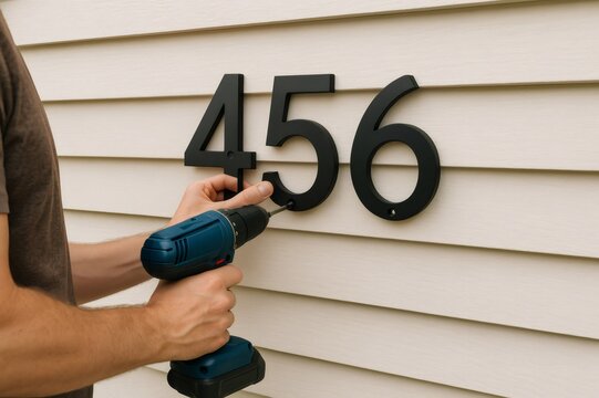 Worker installing sleek, modern house numbers on the exterior of a home, enhancing curb appeal and providing clear address identification