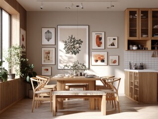 A large picture of a plant hangs on the wall. There are several other pictures on the wall. A wooden dining table is in the center of the room. There are four chairs around the table