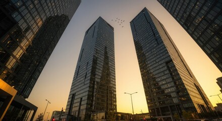 Low-angle shot of modern skyscrapers reaching towards a clear, golden sky.