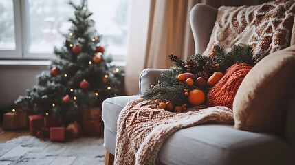 Cozy christmas home decor ideas christmas tree sofa blanket pillows holiday season festive winter decoration